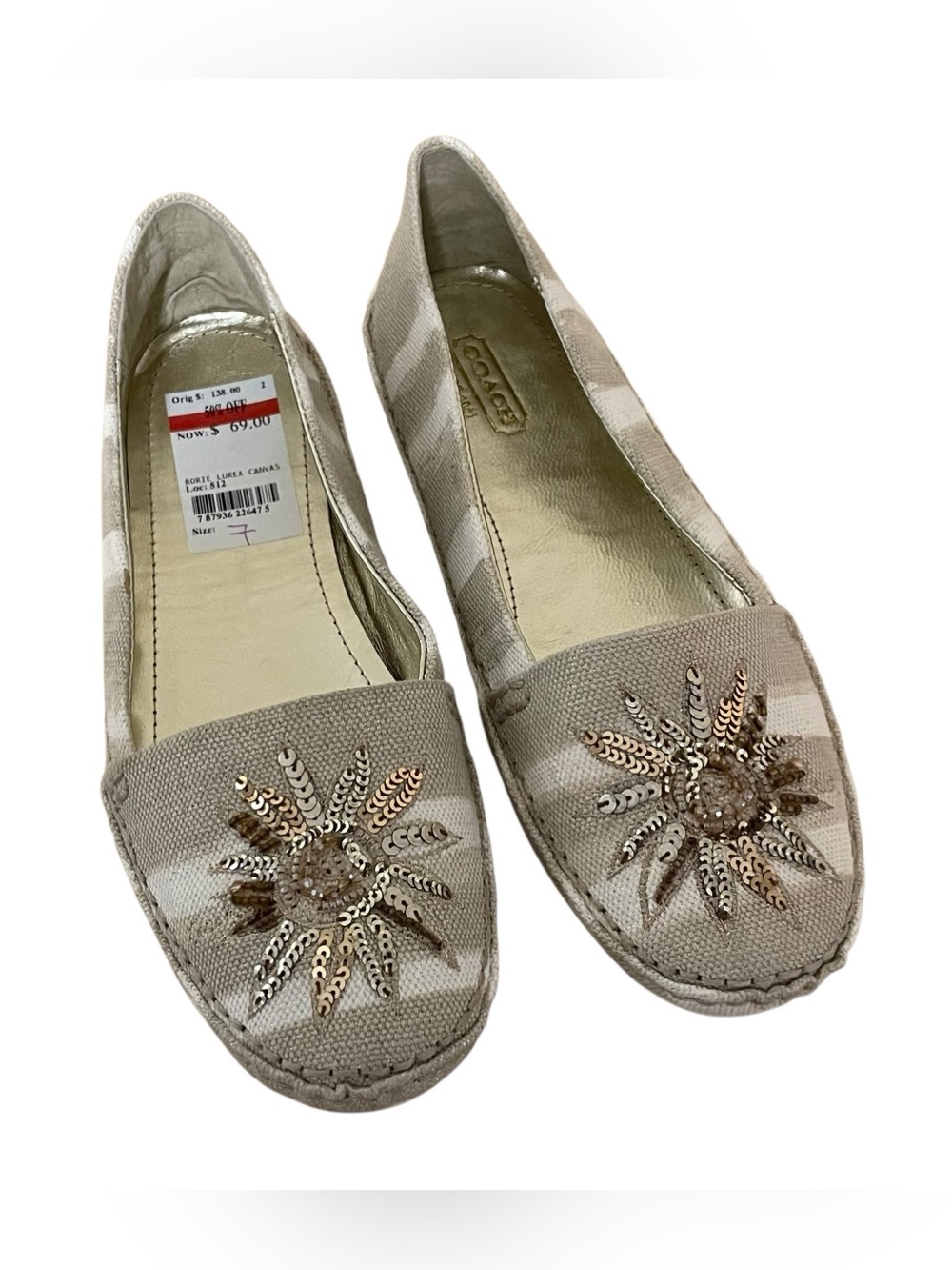 COACH Beige Rorie Canvas Sequin Sunburst Loafers